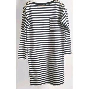 LRL Dress Womens Medium Black White Striped Gold Buttons Nautical 100% Cotton